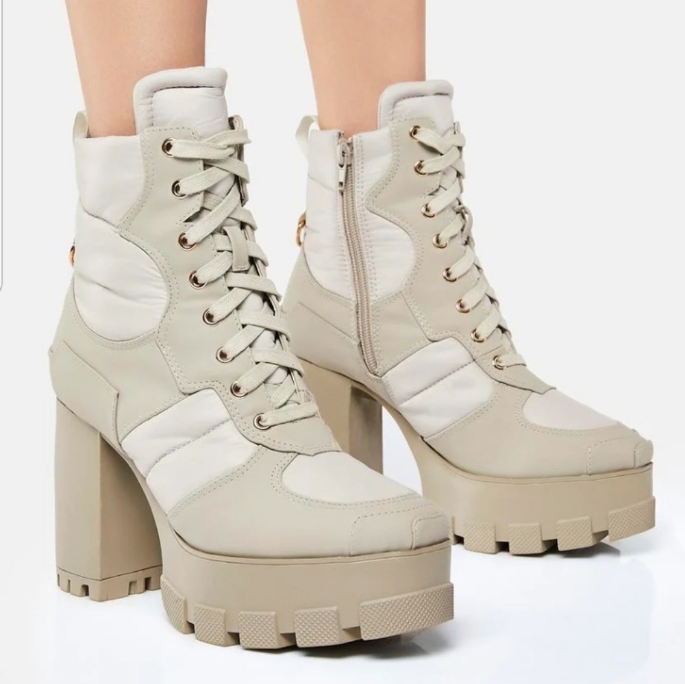 Azalea Wang  lug sole block sage Marsala Lace-Up Heeled Boots